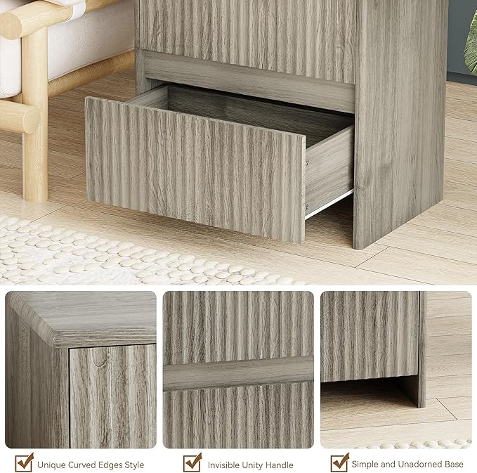 Fleuted Nightstand Set of 2, 23" Wood Bedside Table with 2 Storage Drawers, Modern Night Stand for Bedroom, Office, Grey