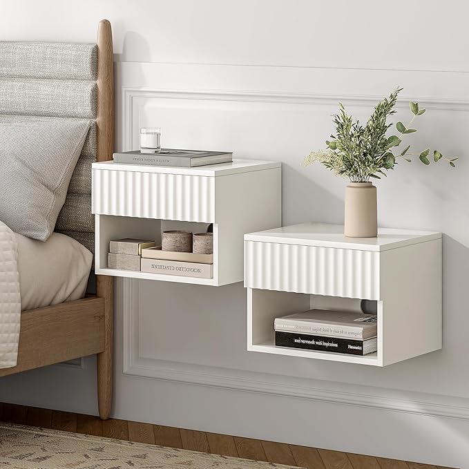 Floating Nightstands Set of 2 with Drawer and Open Shelf, Small Wall Mounted Bedside End Table, Modern Fluted Night Stand for Bedroom, Living Room, White