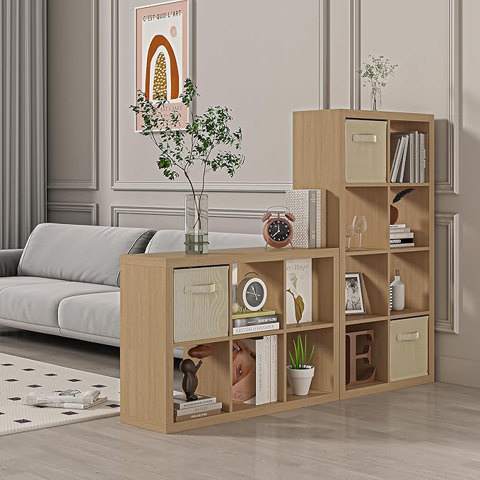 furtble Bookshelf with Storage Bin, 4-Cube Storage Organizer, Modern Wood Open Bookcase, Multifunctional Display Shelf for Living Room, Bedroom, Home Office, Oak