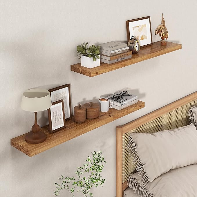 Axeman Floating Shelves for Wall - 40''W x 8'' D Rustic Solid Elm Wood Shelves for Storage, Wall Mounted Display Shelving with Invisible Heavy-Duty Metal Bracket (Natural, 2PCs)