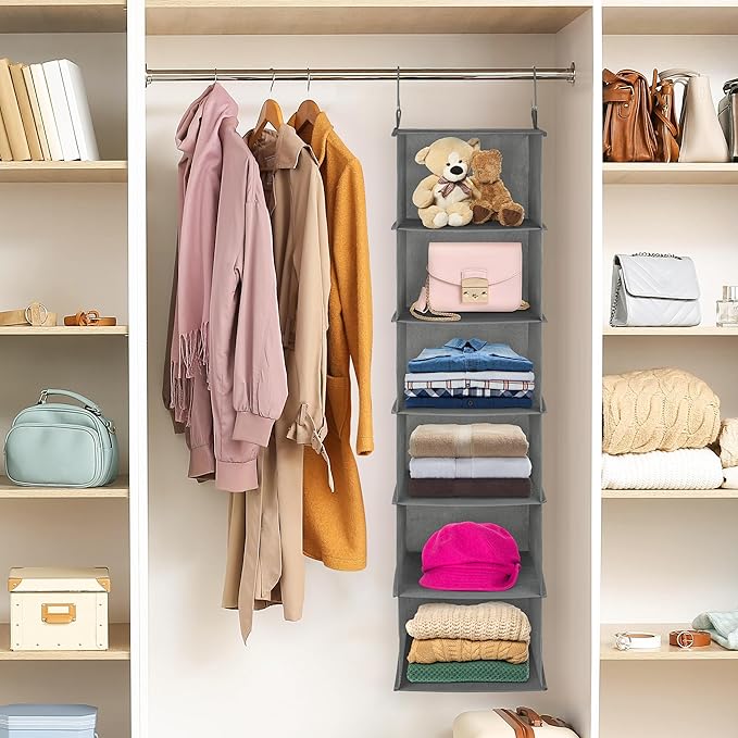 Libeder 6-Shelf Hanging Organizer with Drawers, Closet Hanging Organizers and Storage Shelves with 6 Side Pockets,Hanging Shelves for Clothes, Underwear, Nursery, Closet, RV(Grey)