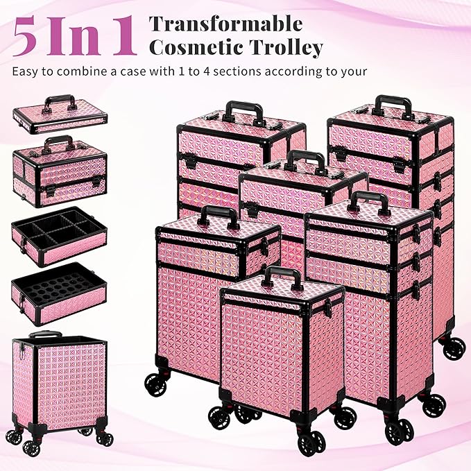 AROUS 5 in 1 Rolling Makeup Train Case Cosmetology Case on Wheels Large Cosmetic Organizer Travel Cart for Hairstylist Artist Nail Beauty Salon Barber,Pink