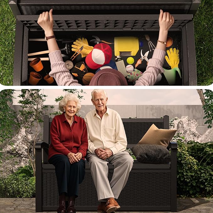 Outdoor Storage Bench - Waterproof Resin Patio Bench, Multi-Functional Patio Bench with Storage for Garden, Deck, or Entryway