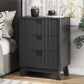 Fluted Nightstand with 3 Storage Drawers, 24" Wide Wood Bedside Table with Mental Handle, Mid Century Modern Wooden Side Table Night Stand, Curved End Table for Bedroom, Living Room, Black