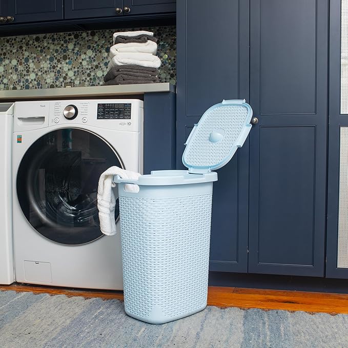 Mind Reader Slim Laundry Hamper with Lid, 60L Clothes Basket, Premium Wicker Design, Plastic, Baby Blue