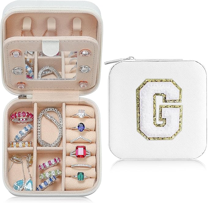 Parima Small Jewelry Box for Girls, Initial Jewelry Boxes for Girls | Small Jewelry Organizer | Travel Jewelry Case -Initial G -White