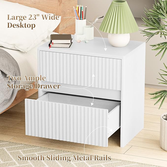 Fluted Nightstand, 23" Wood Bedside Table with 2 Storage Drawers, Modern Night Stand for Bedroom, Office, White