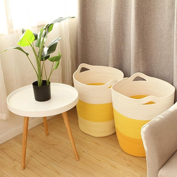Sea Team Large Size Cotton Rope Woven Storage Basket with Handles, Laundry Hamper, Fabric Bucket, Drum, Clothes Toys Organizer for Kid's Room, 20 x 14 inches, Round Open Design, White & Mottled Yellow