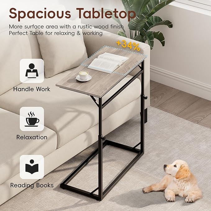 Vagusicc C Shaped End Table, 33.5"Tall Side Table for Couch, C-Table Sofa Table Adjustable Height Side Table, Large Surface Slide Under Couch Table, Coffee Table TV Tray for Living Room, Bedroom, Grey