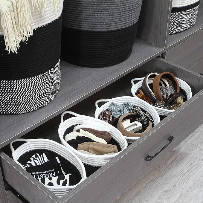 Sea Team 2-Pack Cotton Rope Baskets, 10 x 7 x 4 Inches Small Woven Storage Basket, Fabric Tray, Bowl, Oval Open Dish for Fruits, Jewelry, Keys, Sewing Kits (Black & White)