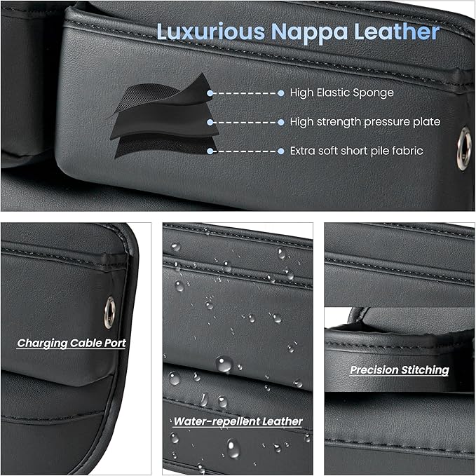 2-Pack PU Leather Car Seat Gap Organizer | 1 Cup Holder per Side | 11.2"x8.3"x2.5" Quick-Install Storage for Phone, Keys, Drinks (Left+Right)（Black）