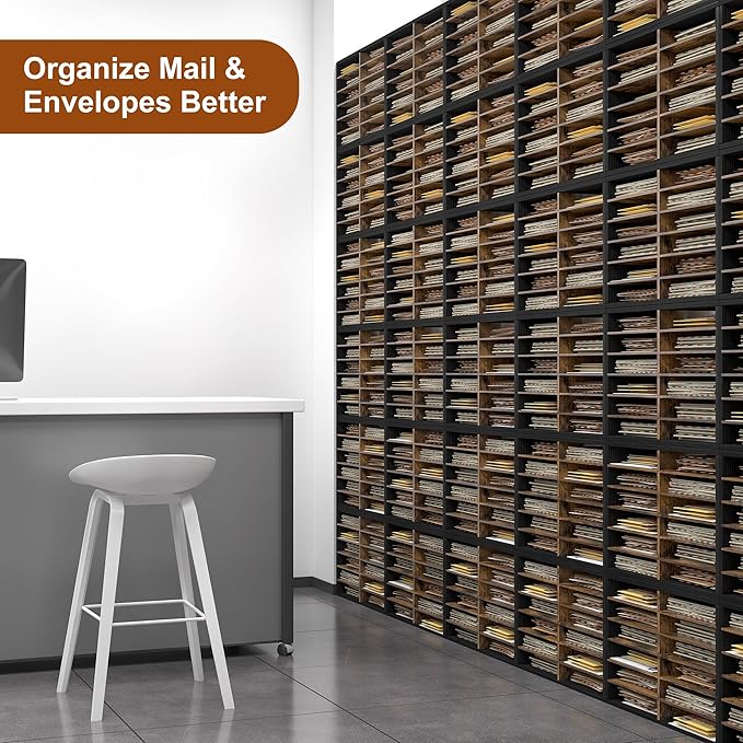 Literature Organizer 12 Slots Wooden Mailboxes for Classroom Office Mail Organizer Countertop Vertical File Sorter with Adjustable Shelves Heavy Duty Office Mailbox Cubbies, Black/Rustic Brown
