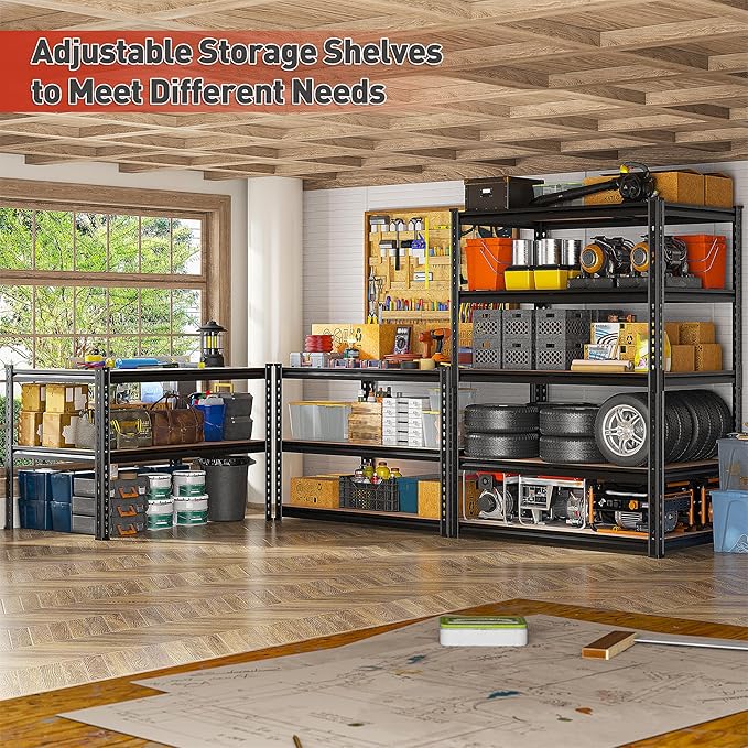 REIBII 2020LBS Storage Shelves 5 Tier Garage Shelving Heavy Duty, Adjustable Metal Shelving, Garage Shelves for Basement, Warehouse, Pantry, Closet, Kitchen 72" H x 35.55" W x 16" D, Black, 2 Pack