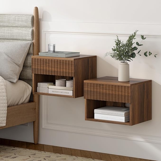 Floating Nightstands Set of 4 with Drawer and Open Shelf, Small Wall Mounted Bedside End Table, Modern Fluted Night Stand for Bedroom, Living Room, Brown