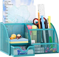 EasyPAG Mesh Desk Organizer with Drawer Multi-Functional Pen Holder Stationery Organizer for Office School Supplies 6 Compartments Dorm Organizers and Storage for Desk, Blue
