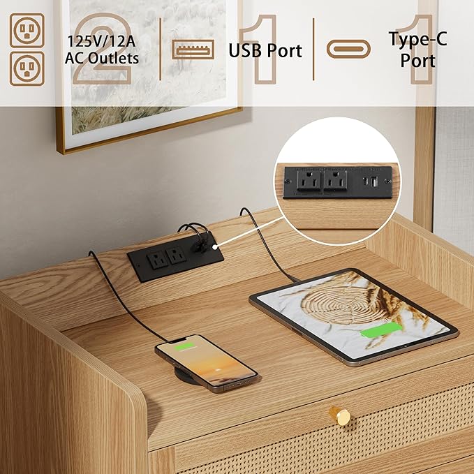 Rattan Night Stand with Charging Station, End Tables with 3 Drawer Dresser, Boho Bedside Table, Mid Century Modern Nightstand, RuralCabinet for Farmhouse Bedroom Living Room Sofa Couch Office Corner