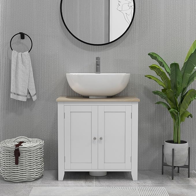kleankin Pedestal Sink Storage Cabinet, Under Sink Cabinet with U-Shape and Adjustable Internal Shelf, White