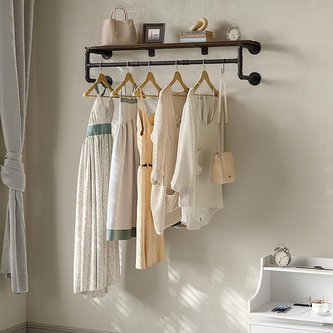 Industrial Pipe Clothes Rack with Top Shelf and 3 Hooks, 41''L Wall Mounted Garment Rack, Heavy Duty Iron Garment Bar, Clothes Hanging Rod Bar, 4 Base Max Load 135Lb Black