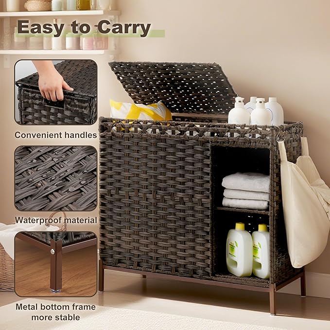 Laundry Hamper with Lid, 110L (29.1 Gal) Rattan Laundry Hamper 2 Section with 50L (13.2 Gal) Storage Shelf, Wicker Woven Laundry Sorter Basket with 3 Liner Bags and Handles, Brown GLH002BR
