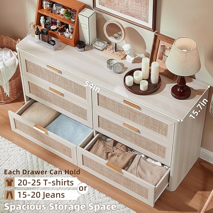LEYAOYAO Rattan 6 Drawer Dresser for Bedroom, Boho 54" Wide White Dresser Chest of Drawers, Dressers TV Stand with Metal Handle, Storage Dressers Closet Organizer for Living Room, Hallway