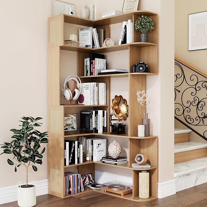 Corner Shelf,7-Tier Corner Bookshelf,Farmhouse L Shaped Shelves Etagere Bookcase, Large L Shaped Bookshelf with Vine Woven Open Storage Cabinet for Home Office (Large,Log Color)