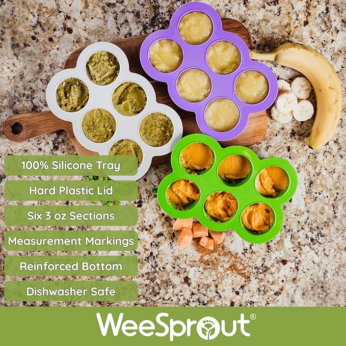 WeeSprout Silicone Freezer Tray with Clip on Lid Perfect Food Storage Container for Homemade Baby Food, Vegetable, Fruit Purees, and Breast Milk (Bright Pink, Six 3 Ounce Sections)