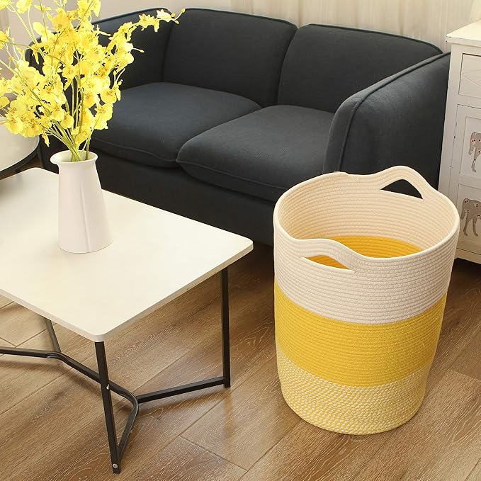 Sea Team Large Size Cotton Rope Woven Storage Basket with Handles, Laundry Hamper, Fabric Bucket, Drum, Clothes Toys Organizer for Kid's Room, 20 x 14 inches, Round Open Design, White & Mottled Yellow