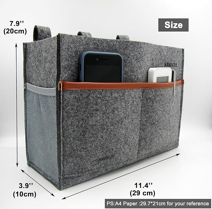 Bedside Caddy, Hanging Storage Bag, Chair Organizer Caddy, Remote, Magazine, Drink Bottle, Cell Phone Holder with Fixed Straps for Hospital Bed, Dorm Bed, Baby Stuff, Office (Grey Small)