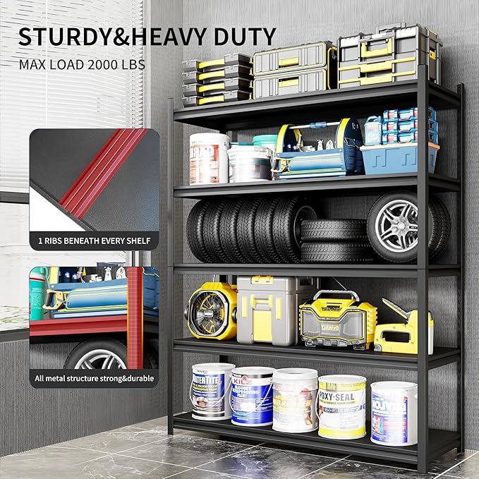 Metal Garage Shelving, Adjustable 5-Tier Heavy Duty Shelving, 3000 LBS Garage Shelving Unit and Storage，Heavy Duty Shelves for Basement,Warehouse，Kitchen (19.7" D*59.1" W*72" H)