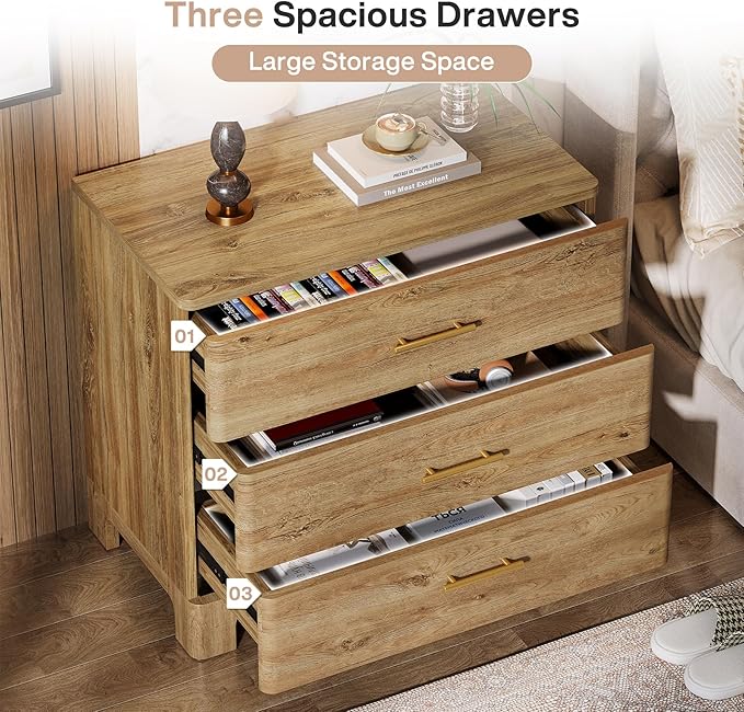 Tribesigns Oversized Nightstand with 3 Drawers, 31.5-Inch Wide Wood Farmhouse Night Stand with Storage and Gold Mental Handles for Bedroom, Brown (1)