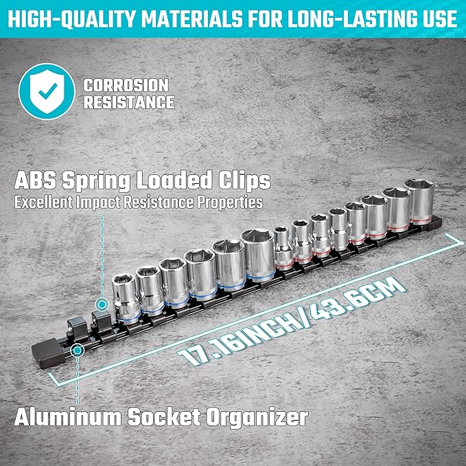 DURATECH Socket Organizer, 1/2-Inch Aluminum Alloy Socket Holder, Heavy Duty Socket Rail Hold 16 Sockets