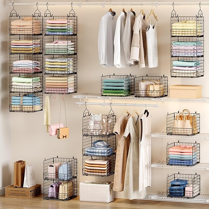 Sonyabecca 5-Tier Hanging Closet Organizer – Black Closet Storage Shelves with Wire Baskets for Clothes, Handbags, Sweaters & Accessories, Includes 2 Hanging Hooks & 5 S-Hooks