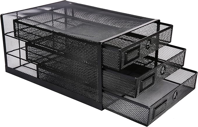 Annova Desk Organizer Wire Mesh 3 Tier Sliding Drawers Paper Sorter/Multifunctional/Premium Solid Construction for Letters, Documents, Mail, Files, Paper, Kids' Art Supplies (Black)