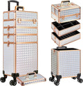 AROUS 5 in 1 Rolling Makeup Train Case Cosmetology Case on Wheels Large Cosmetic Organizer Travel Cart for Hairstylist Artist Nail Beauty Salon Barber,White