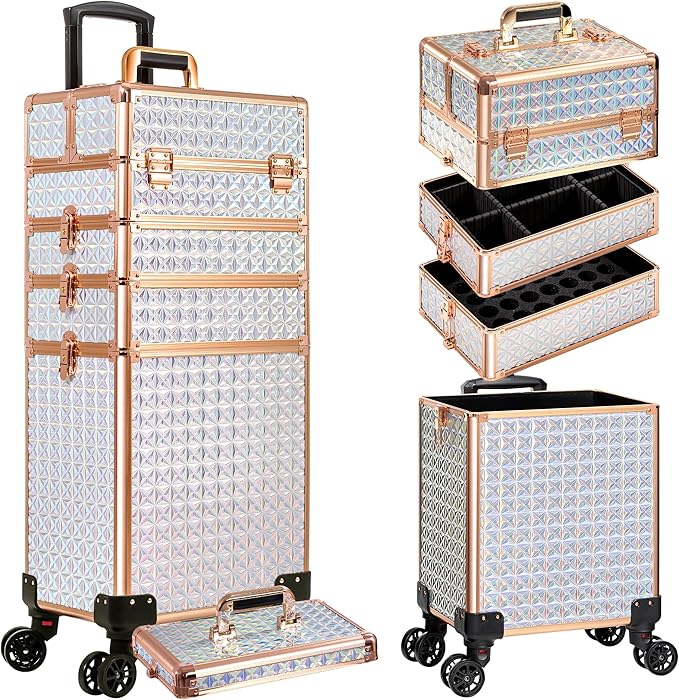 AROUS 5 in 1 Rolling Makeup Train Case Cosmetology Case on Wheels Large Cosmetic Organizer Travel Cart for Hairstylist Artist Nail Beauty Salon Barber,White