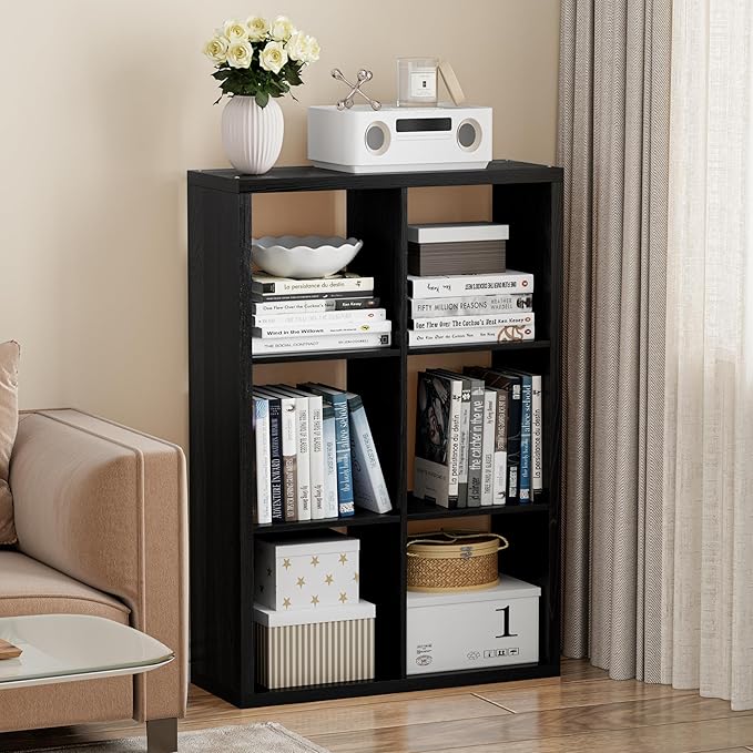 Cube Storage Organizer Bookcase, Decorative 11 inch Open Back Cubical Shelf with Thickened Border, Display Bookshelf for Living Room, Home Office, Sturdy Room (Black, 6 Cube)