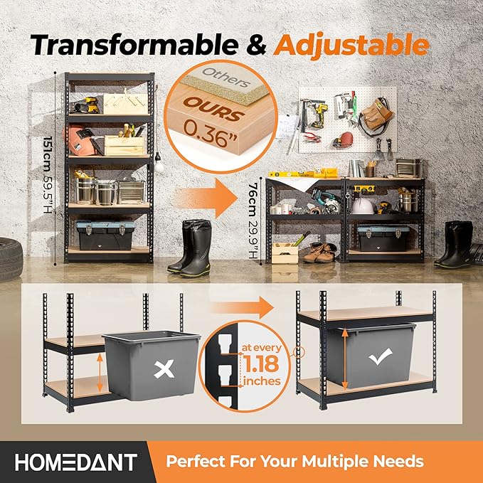 HOMEDANT 5 Tier Storage Shelves Adjustable Laminated Boltless Garage Metal Shelving Unit Heavy Duty Utility Rack Shelf Warehouse Pantry Closet Kitchen (1, (S) 28" W, Black)
