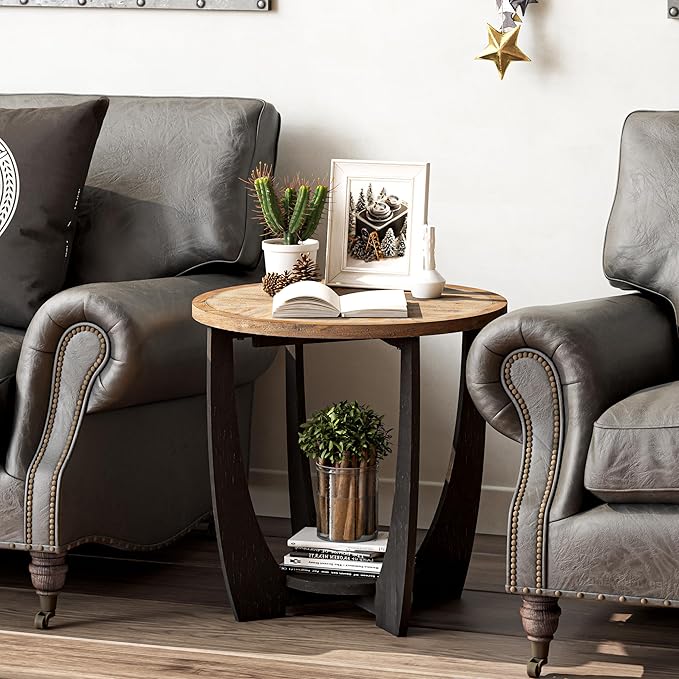 COZAYH Set of 2 Rustic Farmhouse End Tables with Storage Shelf, French Country Modern Round Accent Side Table for Small Spaces, Wood Top & Black Base