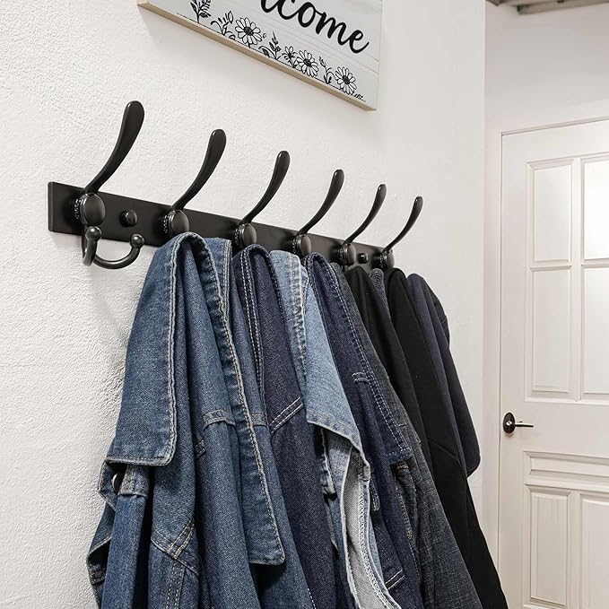 Dseap Coat Rack Wall Mount 2.0 Pro: 24” Long, 3X Tougher, Heavy Duty Stainless Steel Wall Coat Hanger with 6 Tri Hooks for Clothes Jackets Hats Entryway Closet, Black