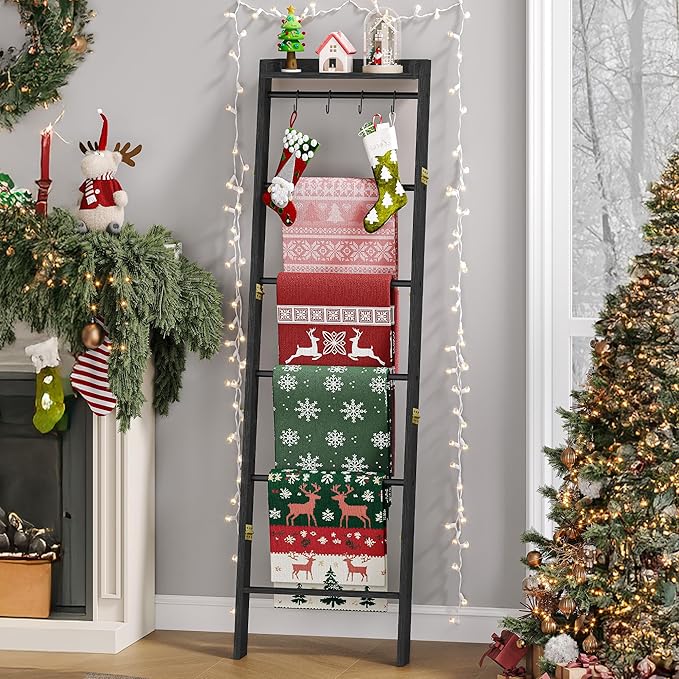 Blanket Ladder Shelf, Decorative Quilt Rack, 7-Tier Farmhouse Ladder Holder Organizer with 4 Removable Hooks, Black BR36804B