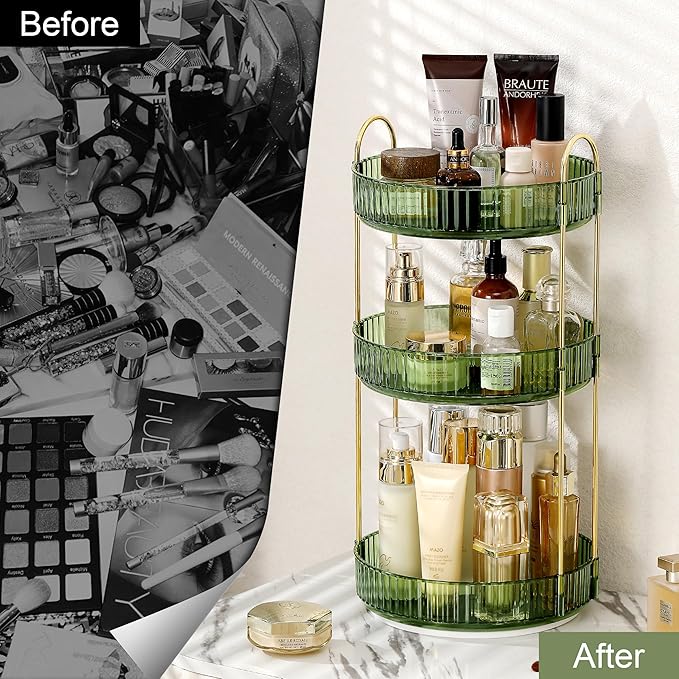 360 Rotating Makeup Organizer for Vanity, Bathroom Countertop Spinning Perfume Organizer, High-Capacity Cosmetic and Skincare Dresser Make Up Holder Rack (3 Tiers, Green)