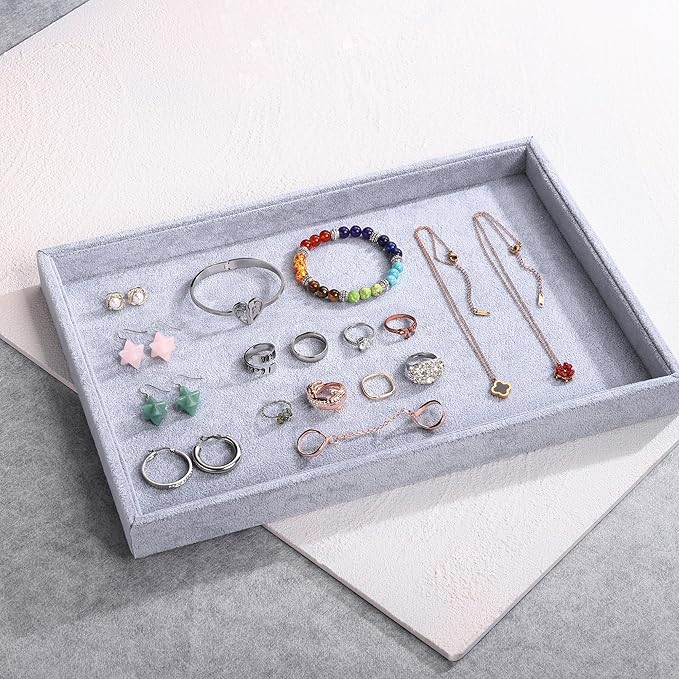 Mornajina 13.8" x 9.5" Velvet Jewelry Tray Jewelry Display Tray, Stackable Empty Plate Trays for Earrings Necklaces Bracelet Rings Display Showcase - Grey