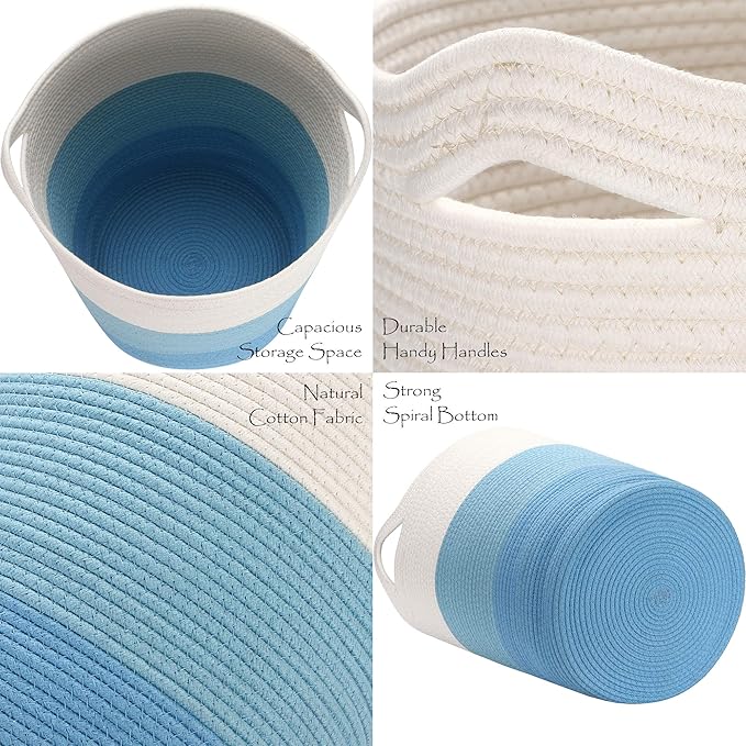 Sea Team Large Size Cotton Rope Woven Storage Basket with Handles, Laundry Hamper, Fabric Bucket, Drum, Clothes Toys Organizer for Kid's Room, 20 x 14 inches, Round Open Design, White & Blue