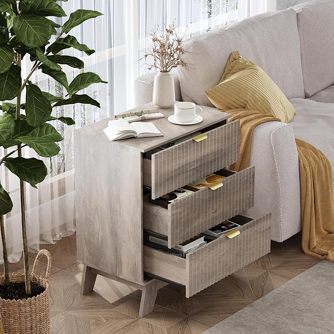 Night Stand Set 2, Bedside Table & End Table, Mid Century Modern Fluted Wood Nightstand with 3 Drawers & Metal Handles, Farmhouse Nightstand for Bedroom, Grey
