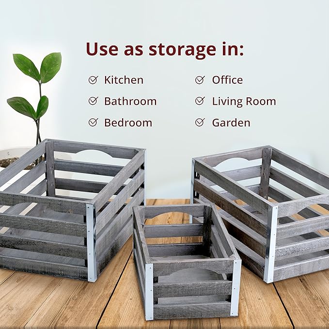 wald imports - Set of 3 Rustic Distressed Wooden Crates for Storage - Decorative Wooden Crate Set for Home Decoration & Display - Vintage Storage for Household Goods