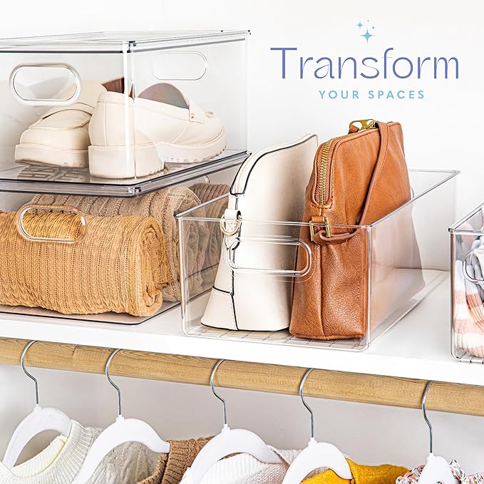 primebox Plastic Food Storage Clear Container Bin with Handles for Organizing Kitchen, Pantry, Refrigerator, Freezer, Pantry, Cabinet, Closet, Bathroom. 14”x8”x5”