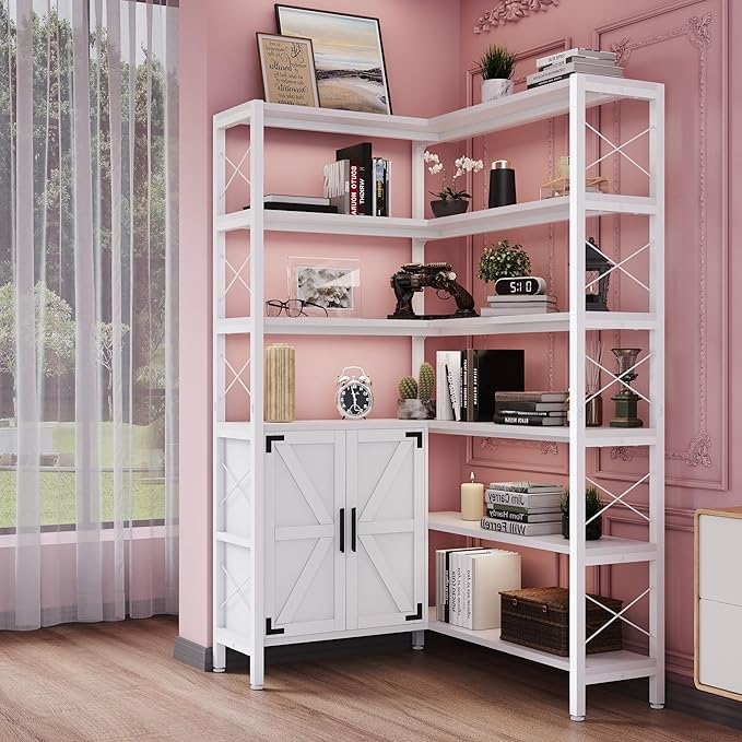 6-Shelf Corner Bookshelf, Vintage Industrial Corner Shelf Etagere Bookcase, Large Book Shelf with Metal Frame Open Storage Corner Cabinet (White-Lockers, Small)