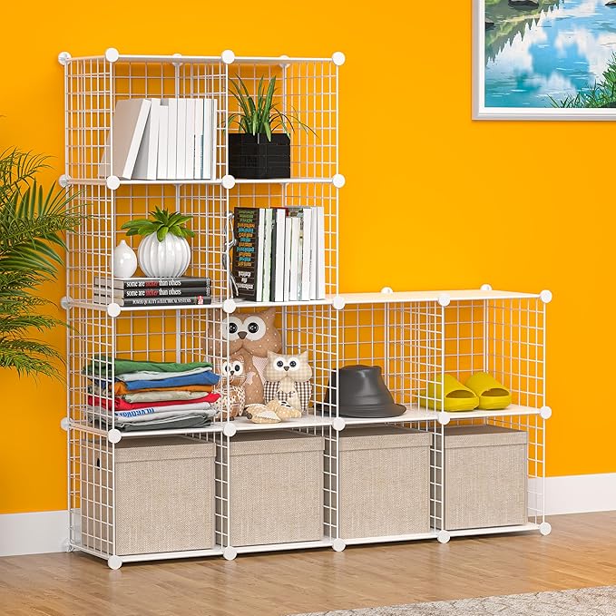 TUMUCUTE Cube Storage Organizer, Metal 12-Cube Shelves Bookshelf, Portable Closet Clothes Organizer for Bedroom, Home, Office, White
