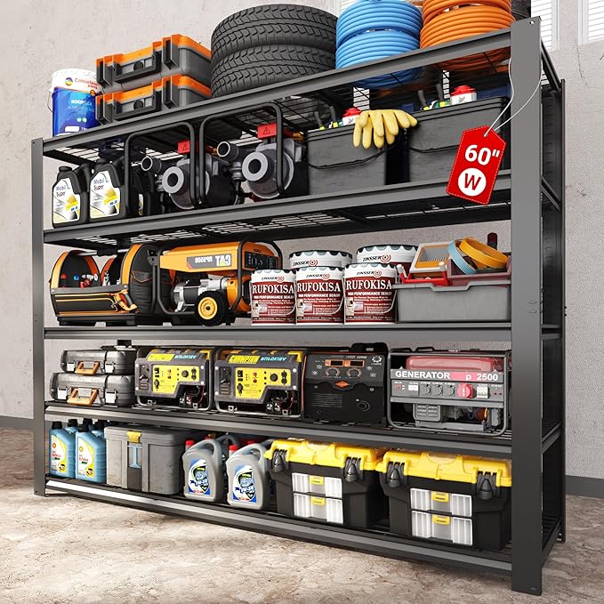 FLEXIMOUNTS 60" W Garage Shelving, 5 Tier Storage Shelves Load 1500LBS, Adjustable Garage Shelving Heavy Duty, Metal Shelves Unit for Basement, Warehouse, 60" W x 72" H x 24" D, Black