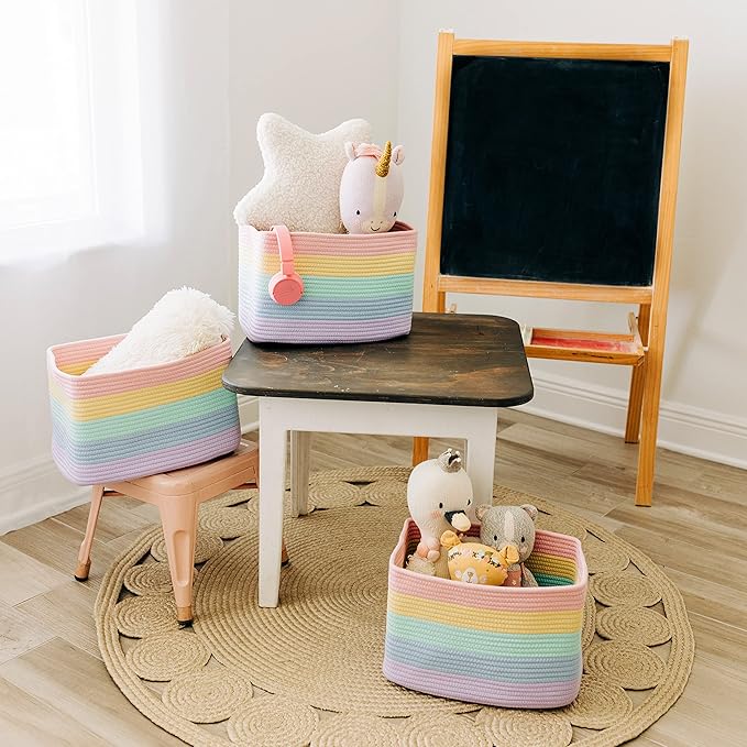 OrganiHaus Set of 3 Pastel Rainbow Woven Storage Baskets for Shelves, Decorative Organizer Bins for Kids Room, Nursery & Classroom, Colorful Toy Storage Basket for Playroom Decor – 15x9x10 inches